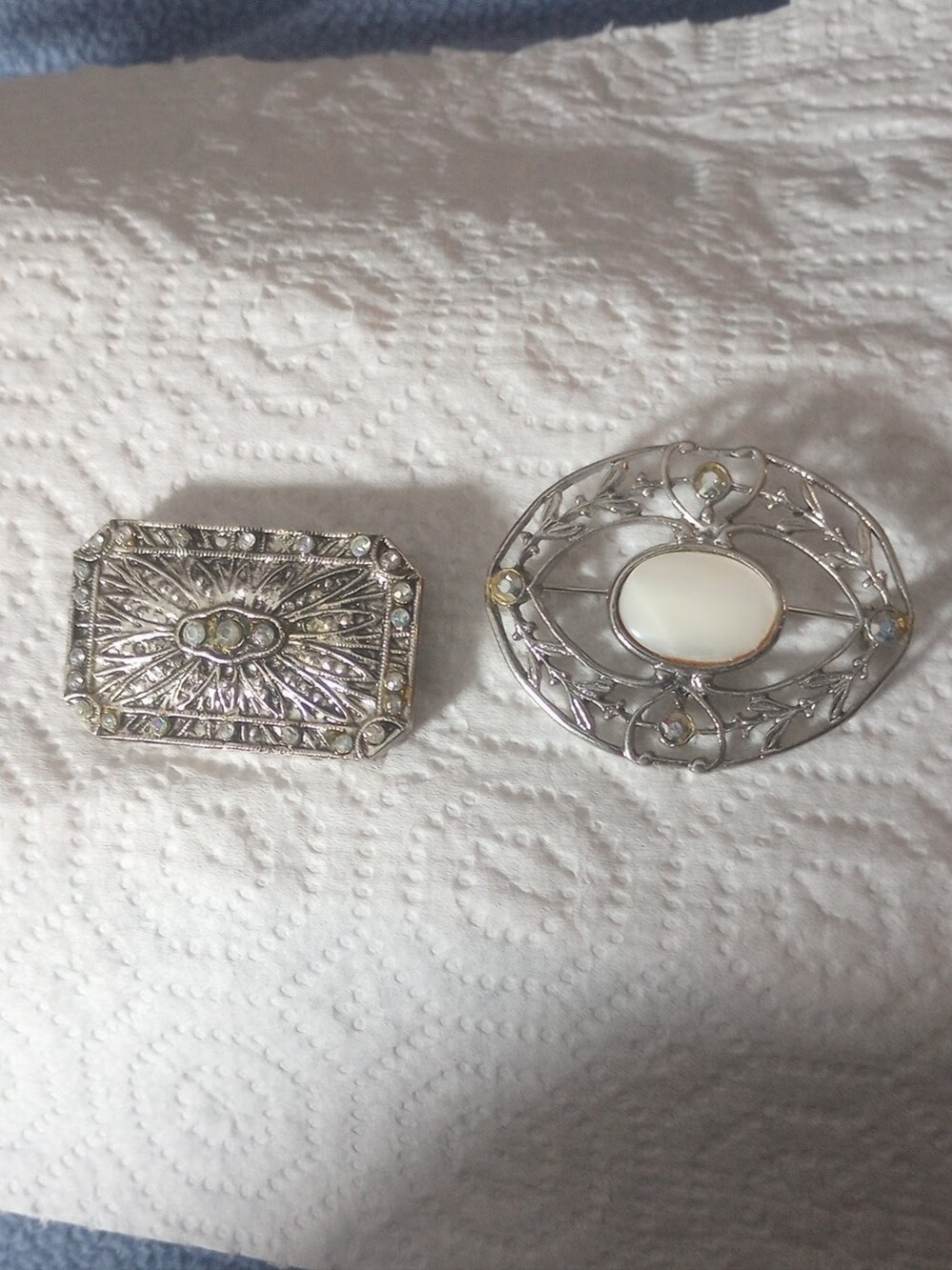 Antique, Victorian,Silver Filigree Brooches with Mother of Pearl,Crystal Accent